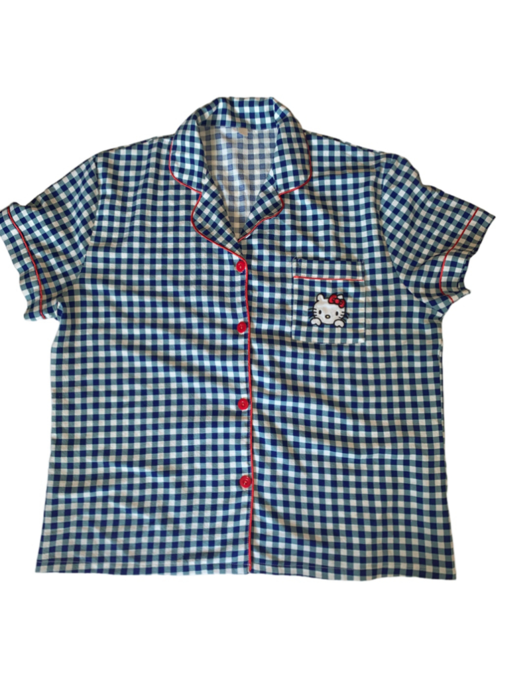 Women's Hello Kitty Pajama Top XL Blue White Gingham Button Down